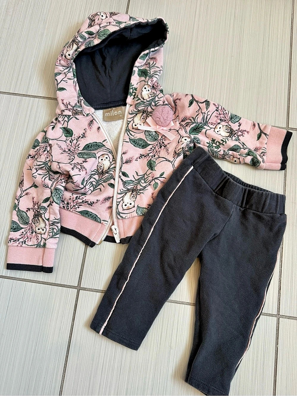 Milon Floral Owl Hooded Matching Set Pink & Grey Jacket Tracksuit with Bow